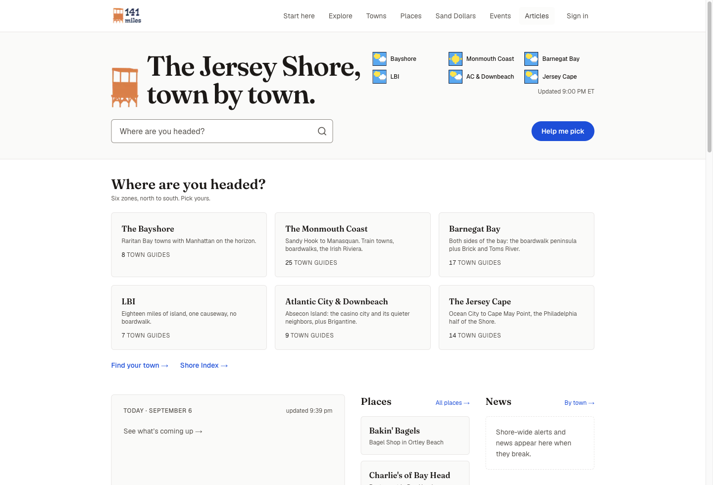 Screenshot of the 141 Miles homepage, a town-by-town Jersey Shore guide